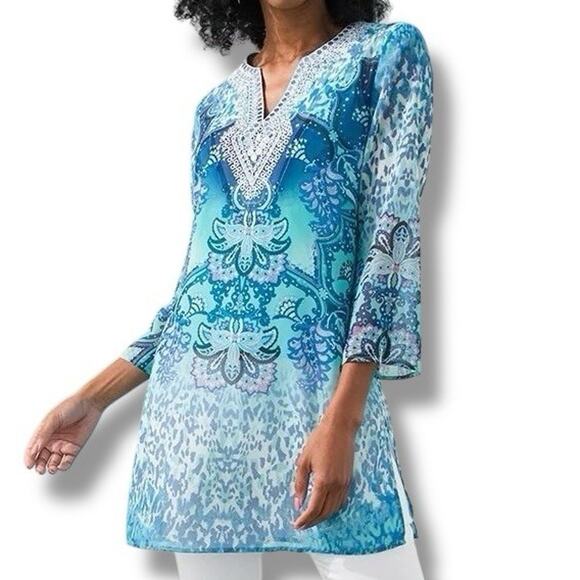 Chico’s Size 4 (XXL) Blue Embellished Pullover Tunic - Swim Cover up - Vacation - Picture 1 of 7